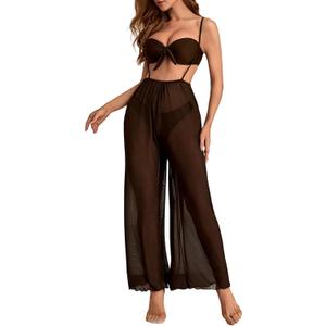 MakeMeChic Women's 3 Piece Bikini Sets Knot Front Push Up Strapless High Cut Swimsuit with Sheer Mesh Cover Up Pants Brown Medium