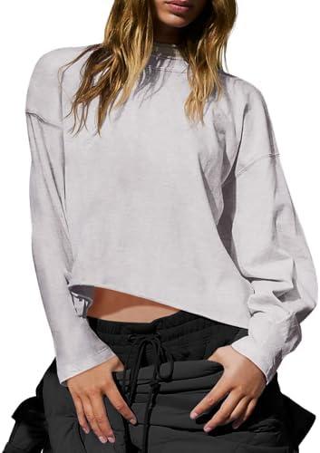 INFITTY Oversized Long Sleeve Shirts for Women Cropped Workout Tops Cotton T Shirt Casual Tee Gym Y2K Clothes S
