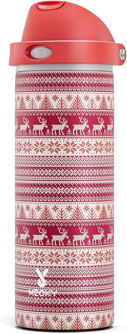24 Oz Insulated Water Bottle For Christmas: Meoky Stainless Steel Water Bottle With Straw And Spout Lid - Leak Proof, Cold For 24 Hours, Fits In Car Cup Holder, Christmas Gifts For Adults, Winter Trio