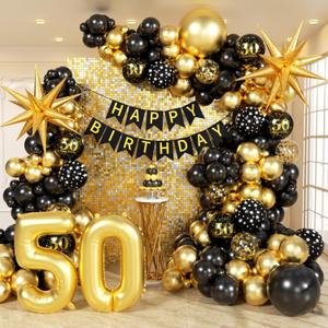 Vicduotex 114pcs 50th Birthday Decorations for Men, Black & Gold Balloons, Banner, Confetti, Ribbons & Strips for 50 Year Old Birthday Parties