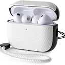 Leather Case for AirPods Pro 3 (3rd Gen 2025) with Adjustable Braided Lanyard, Luxurious Style Vegan Leather Protective Cover Case for AirPods Pro 3rd Generation, Rugged Hard Shell, White