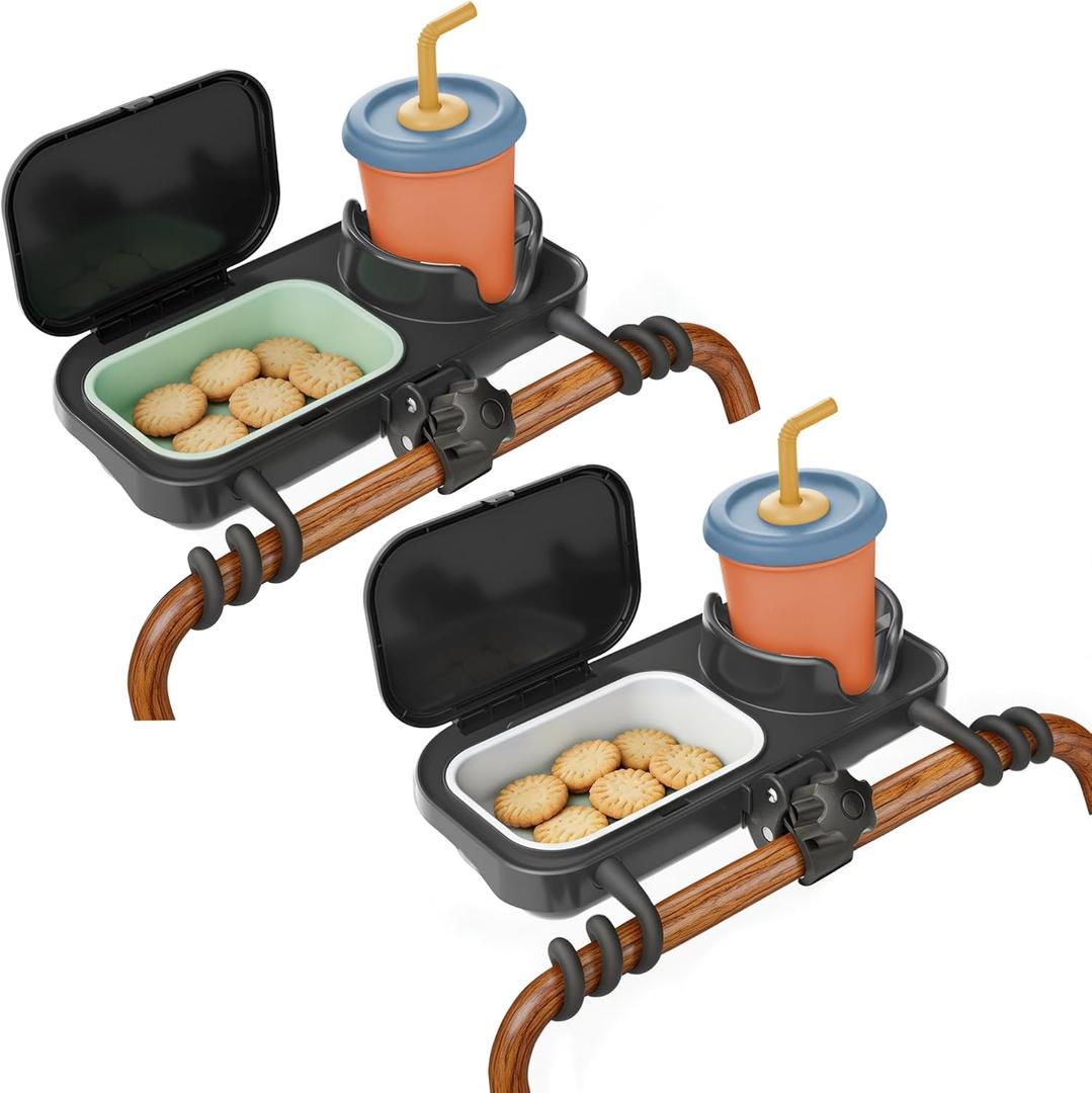 Universal Stroller Snack Tray | Pack of 2 | Compatible with Nuna Bugaboo | Double Stroller Tray Attachments with Cup Holder | Detachable Silicone Tray for Easy Clean | Toddler Snacking On The Go