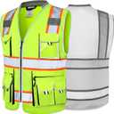 JKSafety 10 Pockets Class 2 Hi-Vis Zipper Front Yellow Safety Vest | Cushioned Collar | High Reflective Tapes with Extended Neon Orange Strips | Meets ANSI/ISEA Standards (X-Large, 89-Yellow)