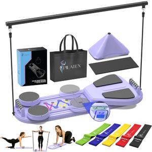PILATEX Pilates Board  Foldable Pilates Reformer with Resistance Bands, Bar & Travel Bag  Full-Body Strength & Ab Training Equipment for Women & Men, 15 in 1 (Purple)