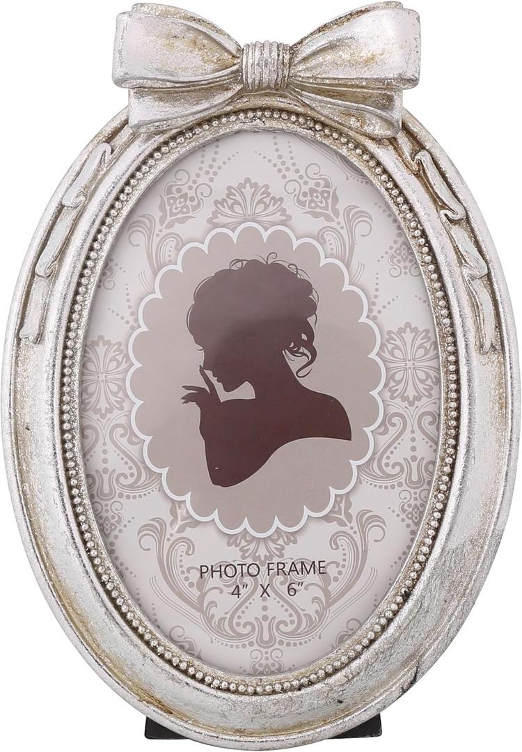 Vintage Oval Picture Frame 4x6 Distressed Silver Photo Frame with Elegant Bow, Dual Wall & Tabletop Display, Timeless Decor for Living Room Bedroom, Perfect Mothers Day Gift for Women