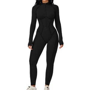 AEEZO Womens Contour Seams Long Sleeve Padded Workout Jumpsuit Zip Up Tummy Control One Piece Bodycon Yoga Rompers (Black, M)