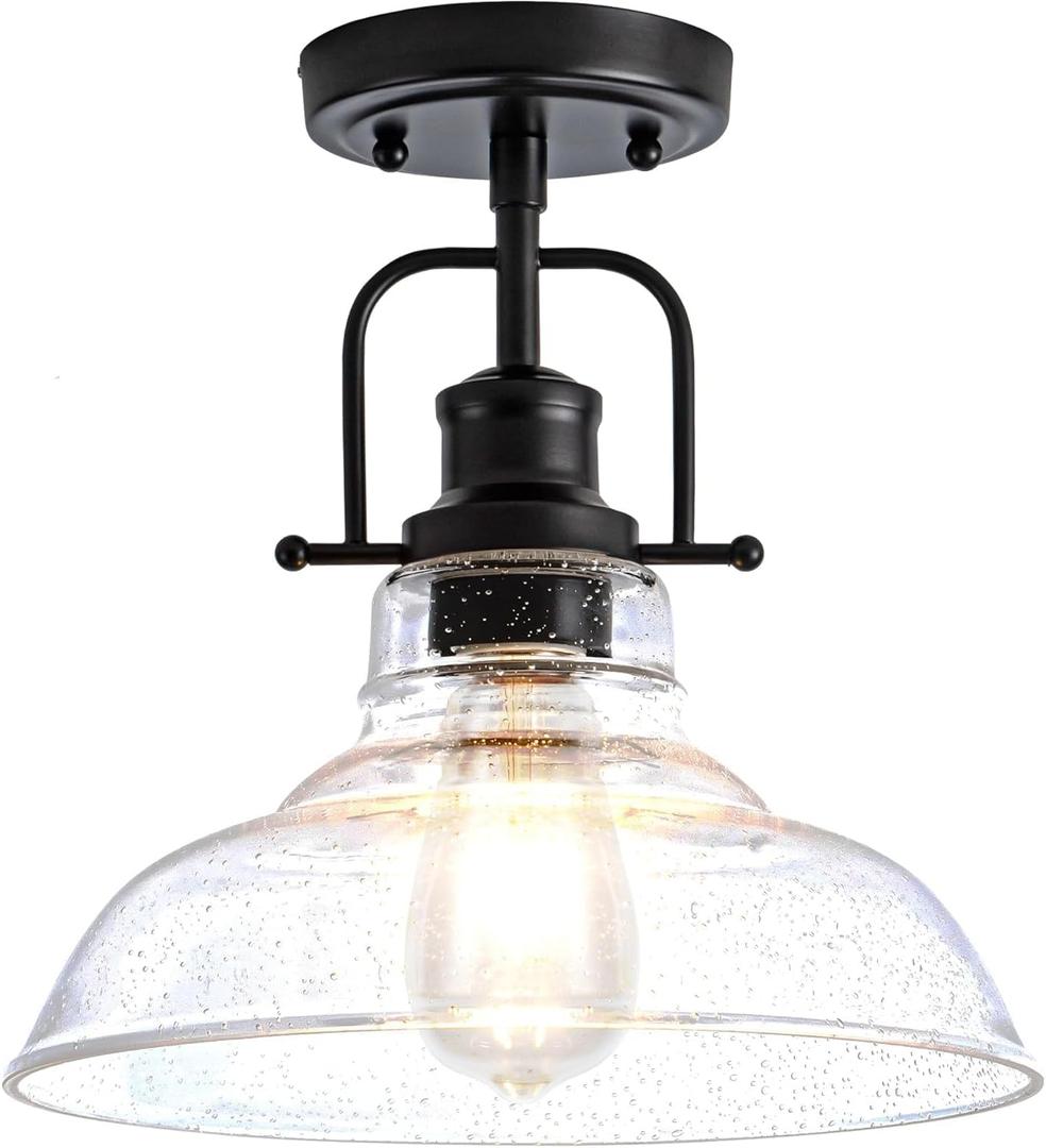 Flush Mount Ceiling Light Fixture < Bulb NOT Included >, Black Metal Frame Ceiling Light Fixture with Seeded Glass, Farmhouse Light Fixture for Kitchen Island Entryway Porch Foyer