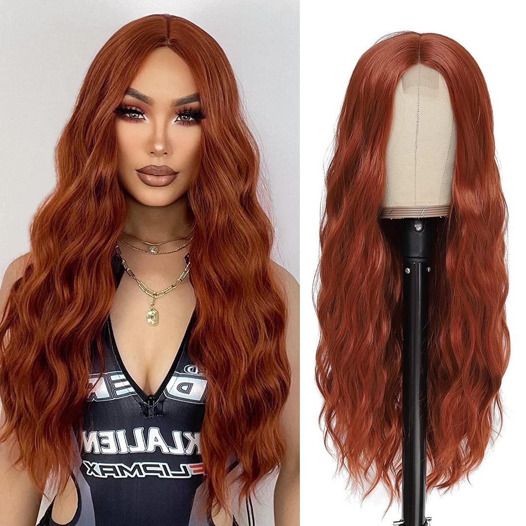Long Auburn Wavy Wigs for Women Middle Part Copper Red Wig 26 inch Natural Curly Synthetic Wig Heat Resistant Fiber Wigs for Daily Party Use