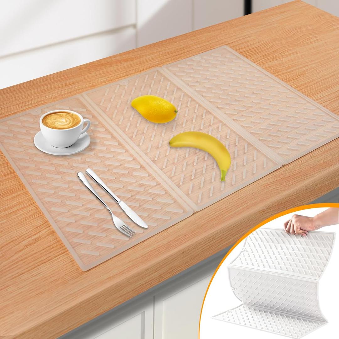 Collapsible Dish Drying Mat, Silicone Drying Mat for Kitchen Counter, Dish Drying Pad with Hook, 24x16in Non-Slip Silicone Dish Drying Mat, Easy to Clean (Translucent)