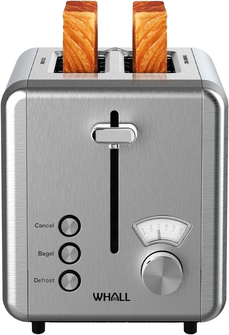 WHALL 2 Slice Toaster - Stainless Steel Toaster with Wide Slot, Bagel Function, Removable Crumb Tray