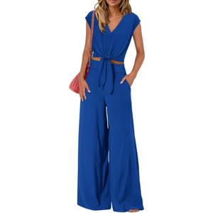 PRETTYGARDEN Women's Summer 2 Piece Outfits 2025 Cap Sleeve V Neck Belted Crop Tops Wide Leg Pant Sets Casual Tracksuit (Solid Blue), XL