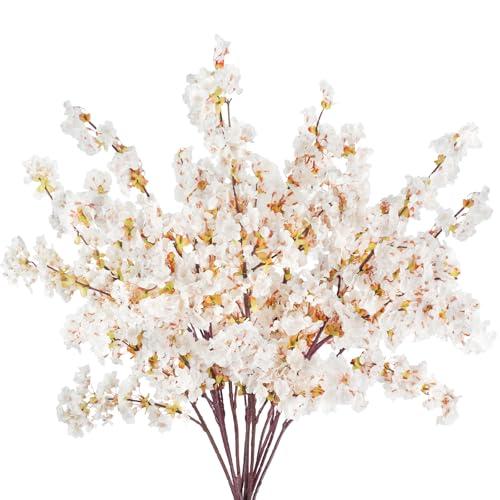 Dehoxara 12 Pcs Artificial Cherry Blossom Flowers 40" Faux Silk Cherry Blossom Stems Fake Real Touch Peach Branches for Wedding Home Garden Japanese Decor Ivory White