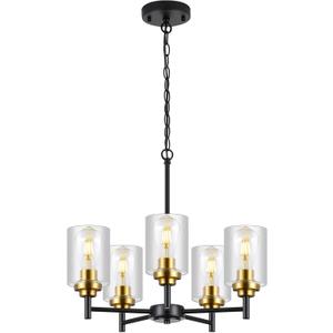 9MMML 5 Lights Glass Chandelier,Modern Kitchen Island Lighting Black and Gold Metal Dining Room Light Fixture for Living Room Foyer,E26