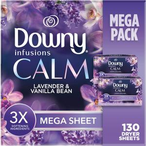 Downy CALM, Mega Dryer Sheets, Laundry Fabric Softener, Lavender and Vanilla Bean, 120 Count