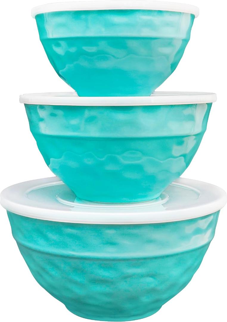 TP Mixing Bowl Set with Lids, Melamine Nesting Bowls Set for Pasta Baking Salad Mixing, Set of 3, Glossy Turquoise (Teal)