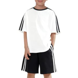 Haloumoning Boys 2 Piece Summer Outfits Kids Striped Trim Short Sleeve T-Shirt and Shorts Set with Pockets, 13-14 Years, White