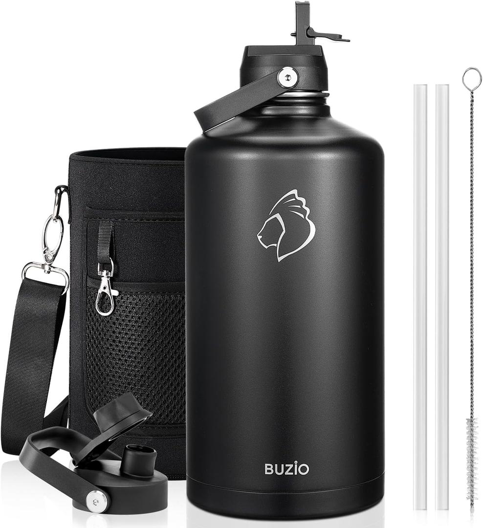 BUZIO 1 Gallon Water Jug with Straw Handle Lid, 128oz Water Bottle Stainless Steel Double Wall Hydro Jug 18/8 Food Grade Thermo Mug Keep Cold 48H & Hot 24H, Black