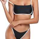 RELLECIGA Women Bandeau Bikini Set Adjustable Splicing Color High Cut Two Piece Bathing Suits (Medium, Black)