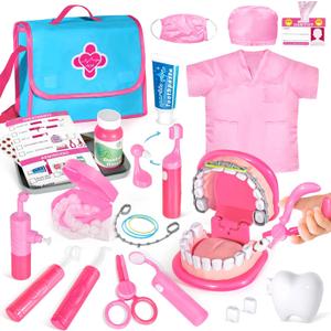 ULOVEME Pink Doctor Kit for Toddlers 3-5 with Costume - Dentist Kit for Kids with Teeth Model /Removable Teeth /Braces /Retainer - Toys for 4 Year Old Girls - Preschool Dramatic Play (Pink)
