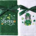 WovWeave 2 Pack St. Patrick's Day Irish Hand Towels Embroidered Cotton St Patricks Day Kitchen Decor Green Shamrock Clover Bathroom Dish Tea Towels Set with Cat Lucky Leaf St. Patrick's Decorations