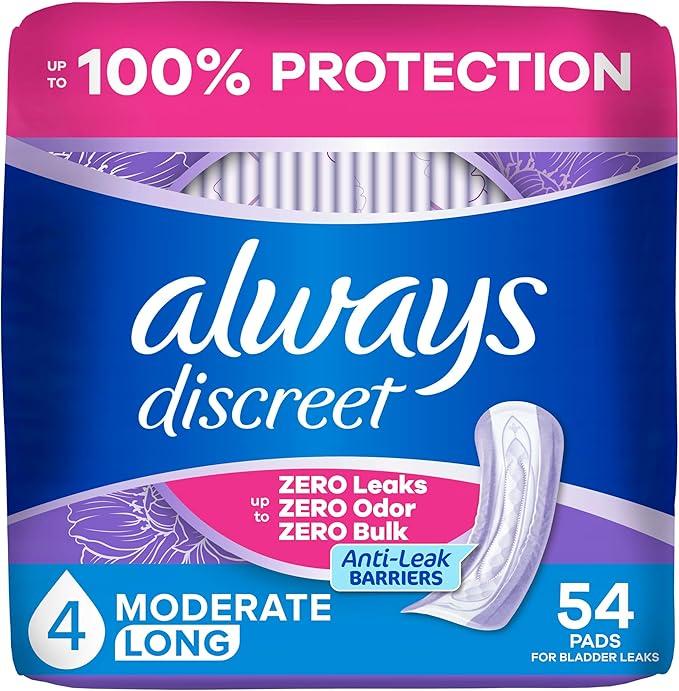 Always Discreet Adult Incontinence Pads for Women, Drier, 4 Drop Long Length, Moderate Absorbency, Pads for Bladder Control Management, Bladder Leaks, & Postpartum Pads, 54ct