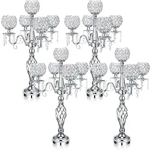 Nitial 4 Pcs 5 Arm Crystal Candelabras Centerpieces 27 Inch,Silver