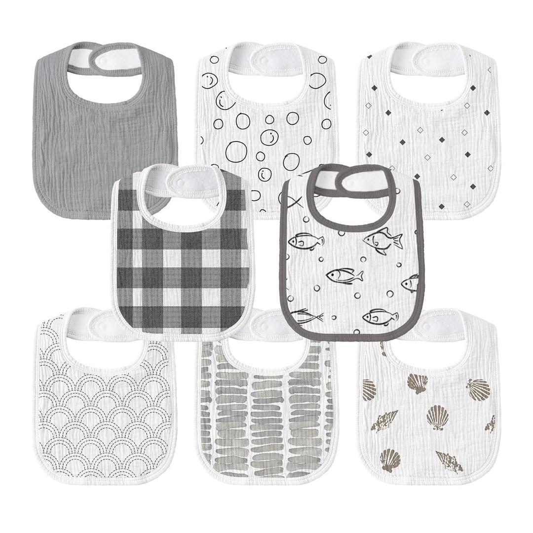 GLLQUEN BABY Muslin Drool Bibs for Boys Girls 8 Pack, Adjustable Baby Bibs for Drooling and Teething, Soft Cotton Baby Bandana Bib for Newborn Feeding Essentials (Fish)
