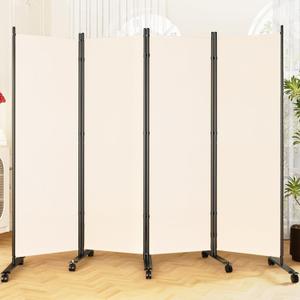 SUNALLY Room Divider 6FT Folding Privacy Screens with Lockable Wheels, 4 Panel Room Partition for Room Separator, 88" W Freestanding Portable Fabric Wall Dividers for Home Dorm Studio Office, Beige