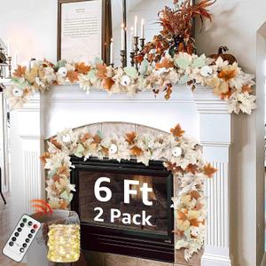Neutral Fall Garland for Mantle Fireplace - 2 Pack 6Ft Outdoor Autumn Leaves Decor for Home Indoor Maple for Farmhouse Front Door with Pumpkins Thanksgiving Halloween Decorations Table Stairs Porch