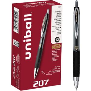 uniball 207 Retractable Gel Pens, Micro Point (0.5mm), Black, 12 Pack