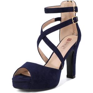 IDIFU Women's IN4 Platform Heels Strappy Chunky Heels For Women Dressy Peep Toe High Heels For Women Bridal Wedding Shoes For Bride On Evening Prom(Blue Suede, 8 M US)