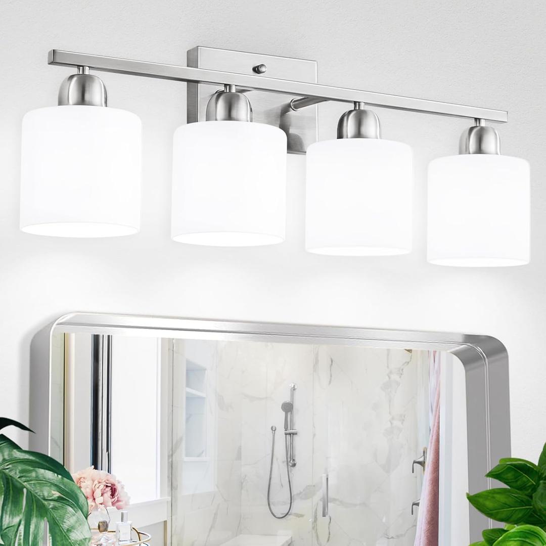 4 Light Bathroom Light Fixtures, Brushed Nickel Vanity Lights for Bathroom with Milky White Frosted Glass Shade, Wall Lights for Mirror Bedroom Living Room E26 Base