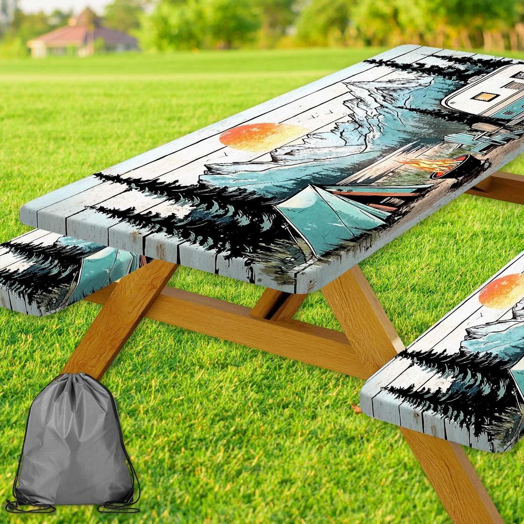 Picnic Table Cover with Bench Covers and Bag, Wooden Camper Waterproof Windproof, Fitted Tablecloth Cover with Elastic Edge, for Indoor & Outdoor, Garden, Camping, 3 Pieces Set, 30x72 Inch (Blue)