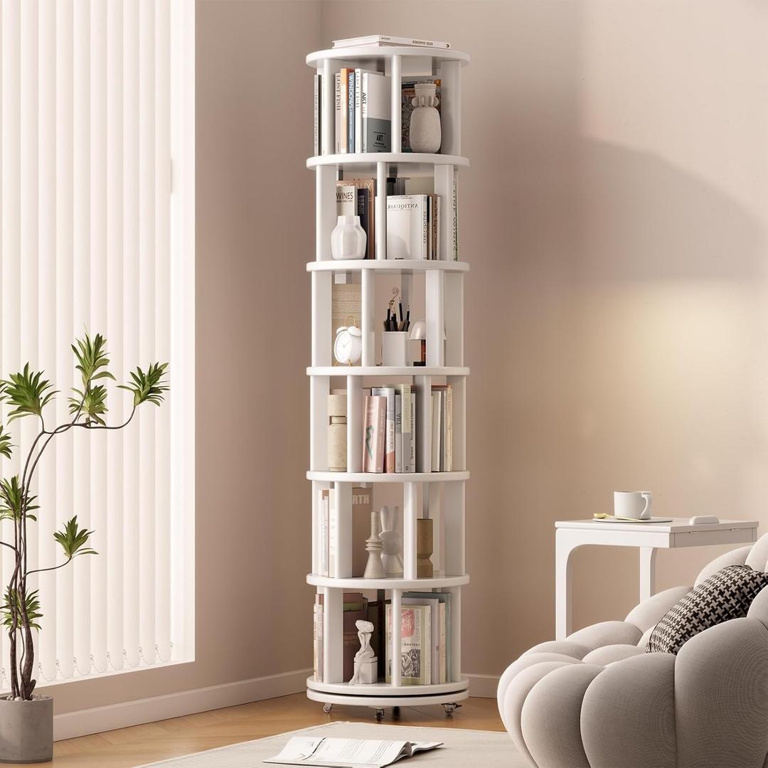 Solid Wood Rotating Bookshelf on Wheels, 6 Tier, Round Revolving Bookcase, 360 Spinning Book Shelf Tower for Kids, Narrow Rolling Bookshelves for Small Space, Corner, Bedroom, Office, White