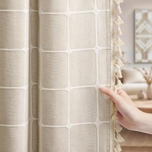 Boho Blackout White Plaid Curtains 84 Inch Beige Linen Blend Drapes with Tassels 2 Panels, Cotton Embroidered Farmhouse Curtains for Living Room Bedroom Rustic Vintage Decor