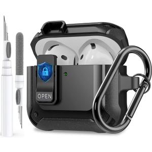 for Airpods 4 Case with Lock Clid, Rugged Apple Airpods 4th Generation Cover 2024 Men Women, Armor Shockproof iPod 4 Gen Protective Hard Shell with Carabiner&Cleaner kit, Black