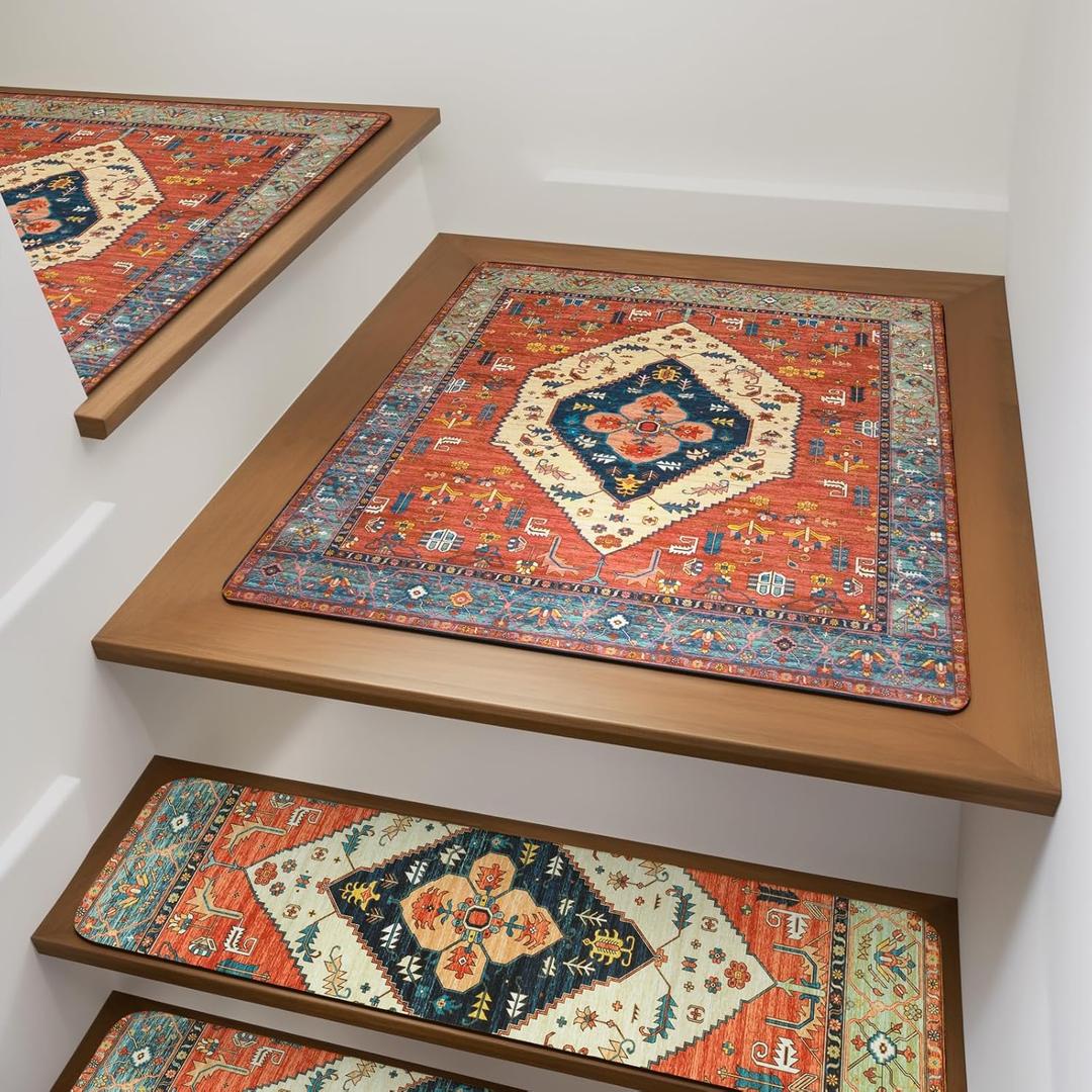 OJIA Stair Treads Non-Slip Matching Mat for Wooden Steps, Square Capet Stair Treads Rubber Backing Stair Runner Anti-Slip Stair Landing Mat 31x31 Inch (Oriental)