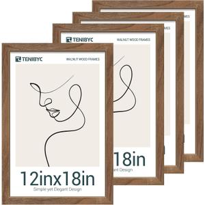12x18 Frame Set of 4, Brown Grain, Walnut Wood & HD Tempered Glass, 12x18 Poster Picture Frame, Vertical & Horizontal Wall Hanging