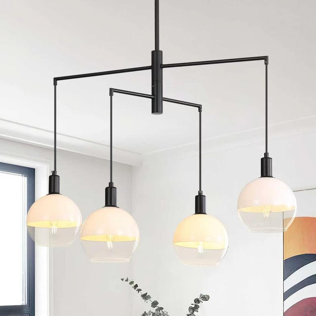 GlowHub Modern Black Chandelier with Milk White Glass Globe Shades 30" 4-Light Pendant Light Mid-Century Sputnik Chandelier Cluster Hanging Light Fixture for Dining Room Entryway Kitchen