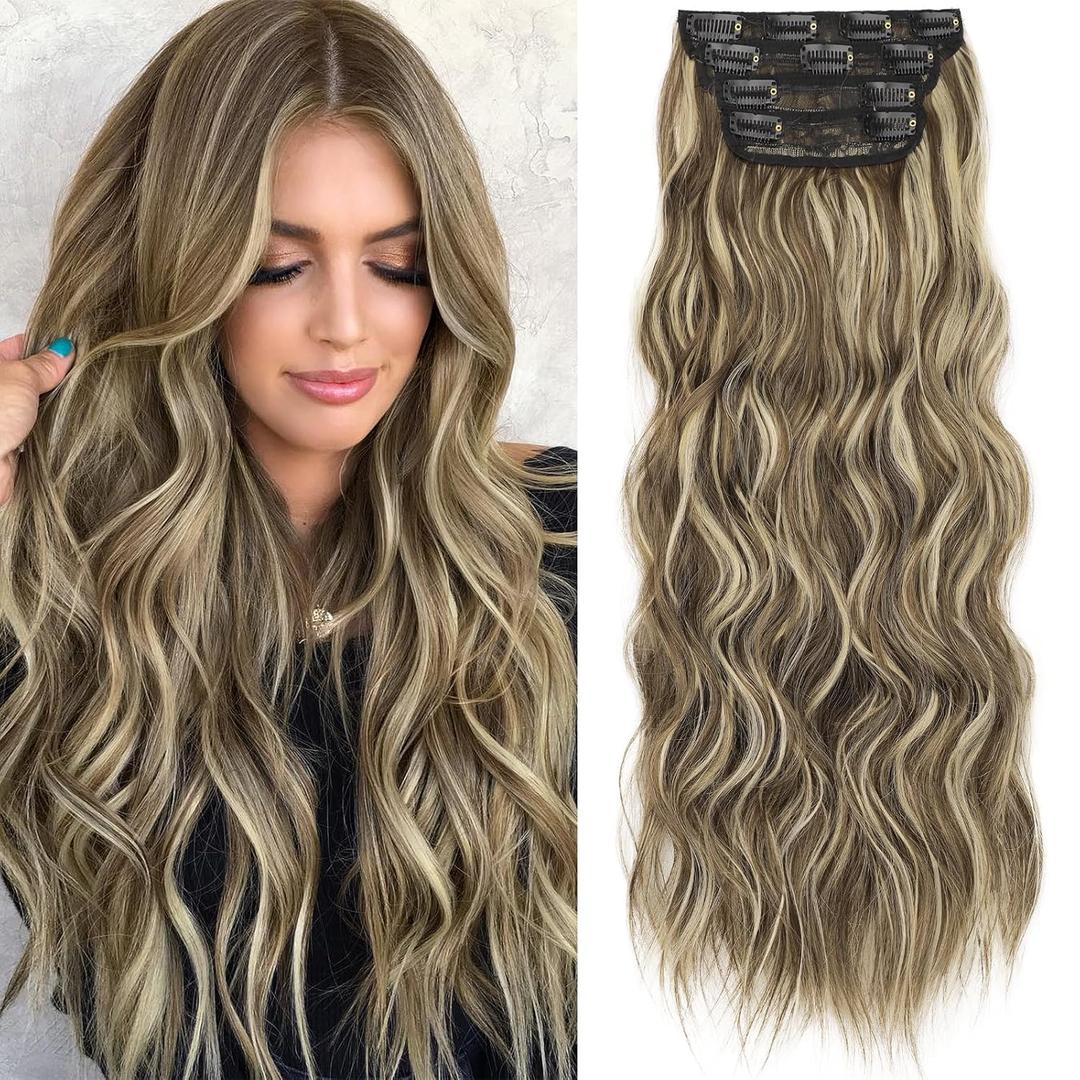 Reecho Clip in Synthetic Highlight Hair Extensions Long Wavy 4PCS Thick Hairpieces Medium Brown Ash Blonde Fiber Double Weft Natural 24 Inch for Women