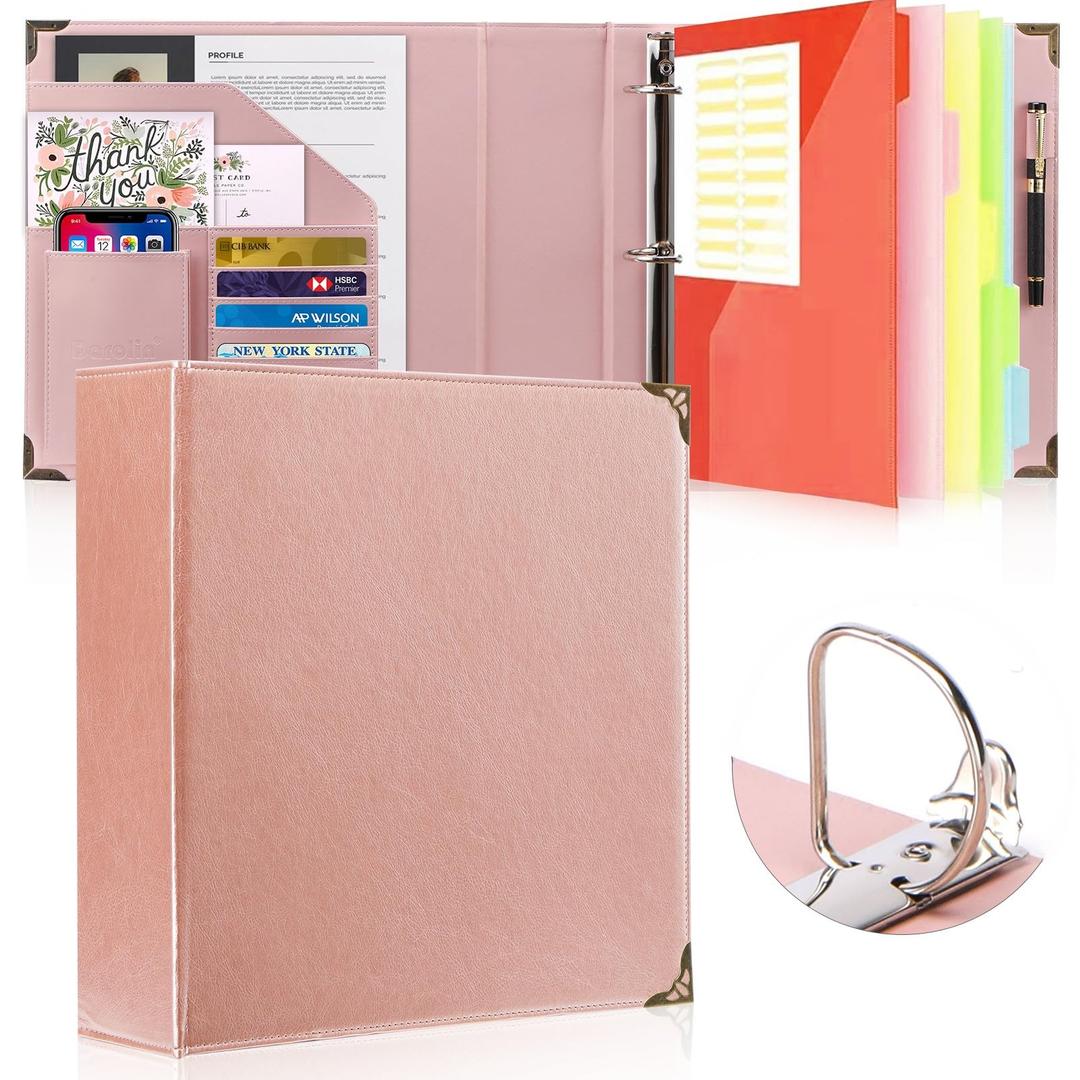 Darolin Premium PU Leather D-Ring Binder, 3 D-Ring Binder with Business Card Holders & Pen Loop, Professional Portfolio Organizer for Office, School & Home (Rosegold)