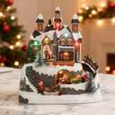 Vigdur Christmas Village Houses - Animated Christmas Village Shop with Colorful Lights & 8 Songs, Rotating Train, Adapter & Battery Powered Animation Xmas Decoration for Home Tabletop Gift