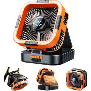 Solar Camping Fan with Light-10000mAh Rechargeable Portable, 6 Speeds, Digital Display, Timer, 120 Oscillation, Cordless Battery Powered Fan for Home Outdoor Tent Travel BBQ Fishing (Orange)