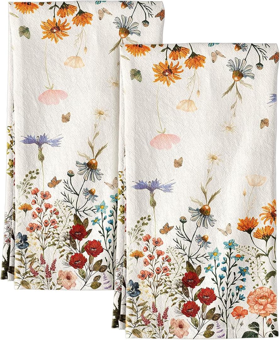 Flour Sack Kitchen Towels - Set of 2 Cotton Dish Towels with Hanging Loop Decorative 16x26 Inch Absorbent Cute Design for Housewarming Gifts, Retro Floral