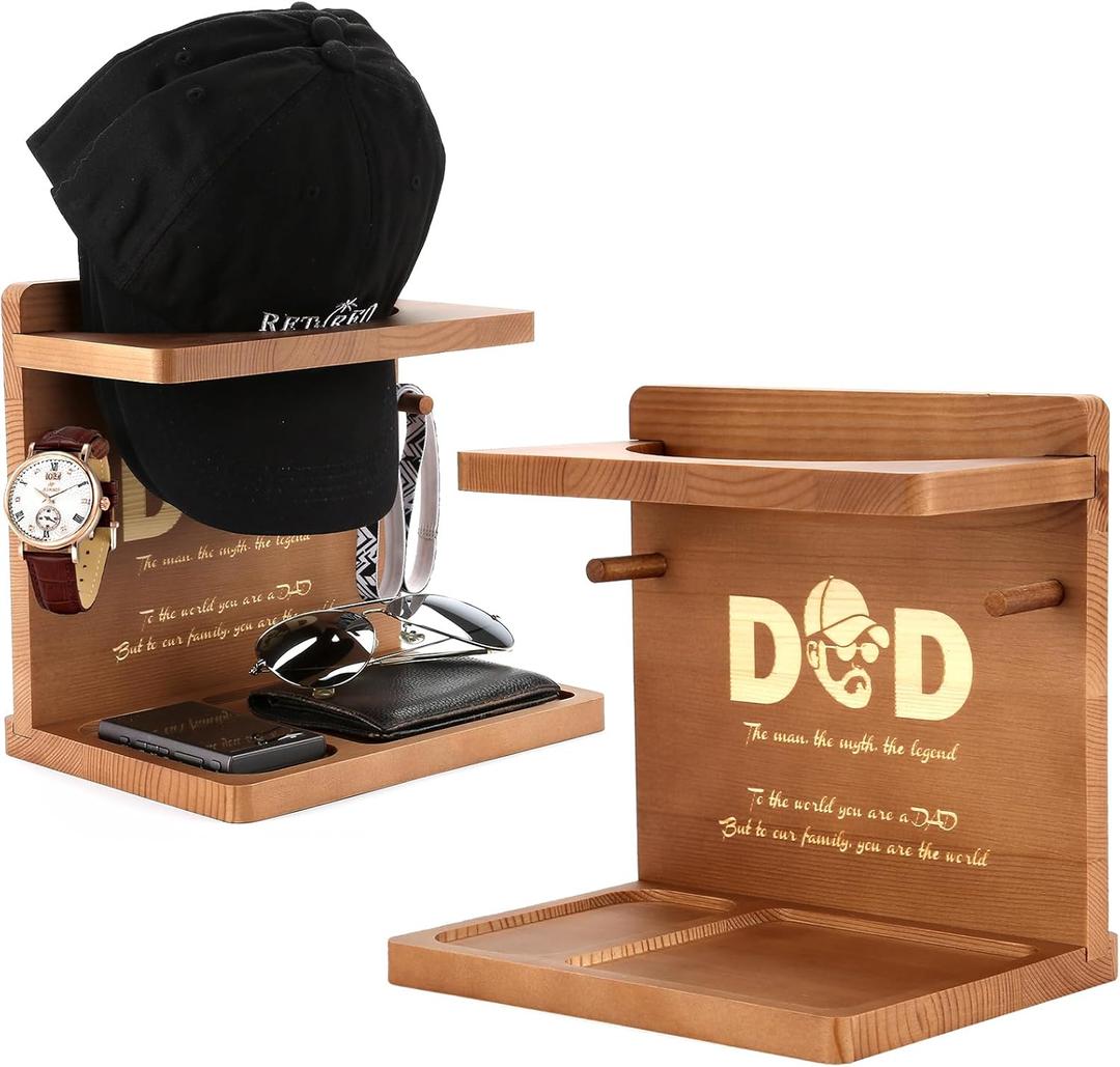 Birthday Gifts Ideas for Dad from Daughter Son, Wooden Hat Holder Display Stand, Hat Rack for Baseball Caps, Best Dad Ever Home Office Organizer Decoration Gifts for Christmas Retirement Fathers Day