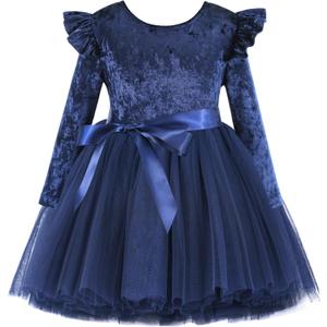 Flofallzique Toddler Girls Velvet Dress Long Sleeve Tulle Tutu Birthday Tea Party Princess Dresses Size: 1T (Navy)