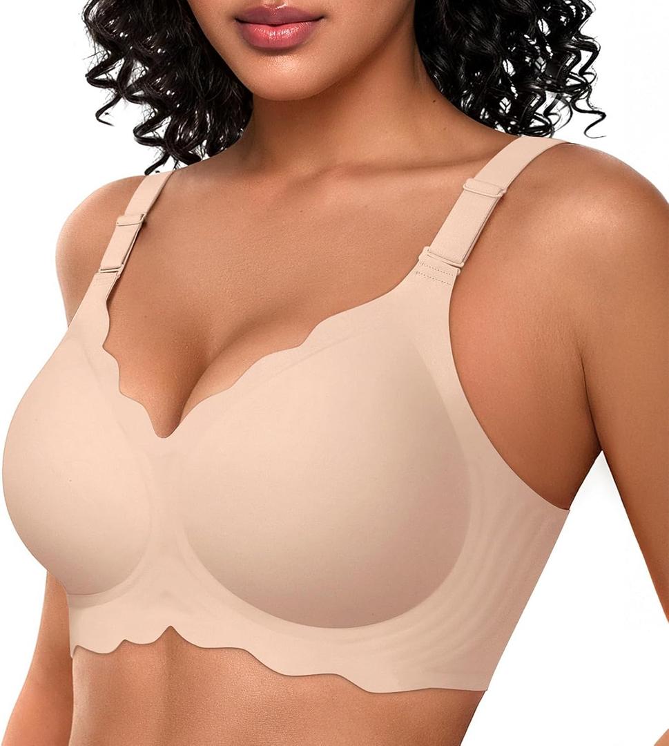 OEAK Women Bras No Underwire Scalloped Push Up Buttery Soft Tshirt Bra Seamless Full Coverage Convertible Everyday Bra (Large, 02 Nude)