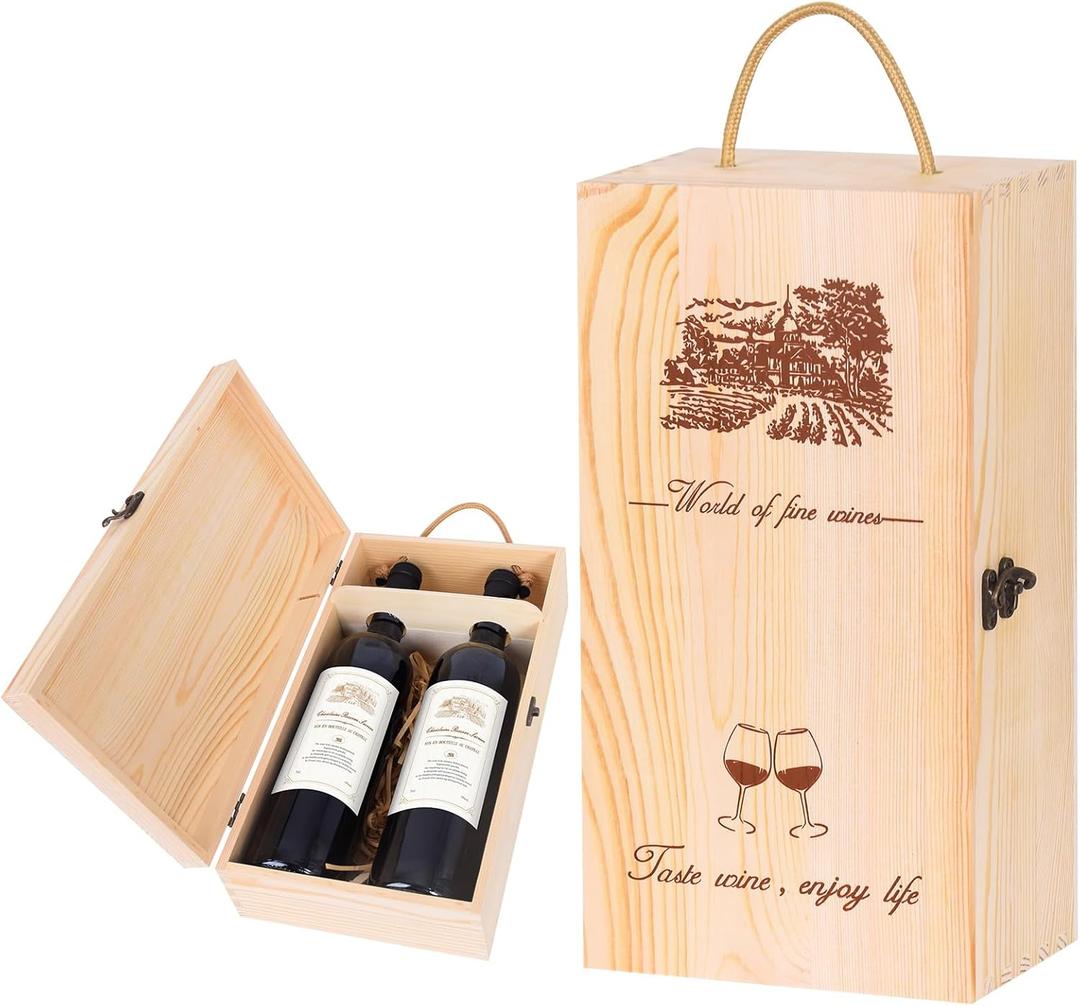 Vintage Wooden Wine Gift Box for 2 Bottles - Reusable Storage & Shipping Crate with Rope Handle, Wine Boxes for Gifts/Moving/Home Decor (1PC)