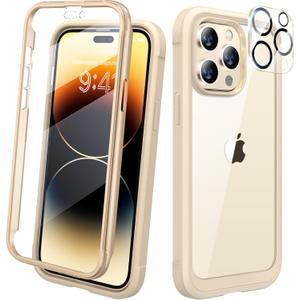 Diaclara Designed for iPhone 14 Pro Max Case 6.7, Full Body Rugged Case [2023 Upgraded] w/Built-in Touch Sensitive Anti-Scratch Screen Protector+Tempered Glass Camera Lens Protector(Bean Yellow)