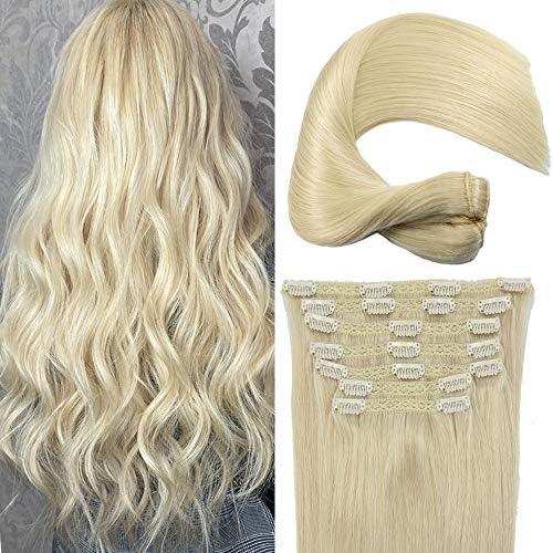 Eufficco Real Human Remy Hair Lace Clip In Hair Extensions 16inch Finsih at 16.5inch 100g Color Bleach Blonde Double Wefted Thick Ends Silky Soft Long Lifespan Tangle Free Human Hair Extensions